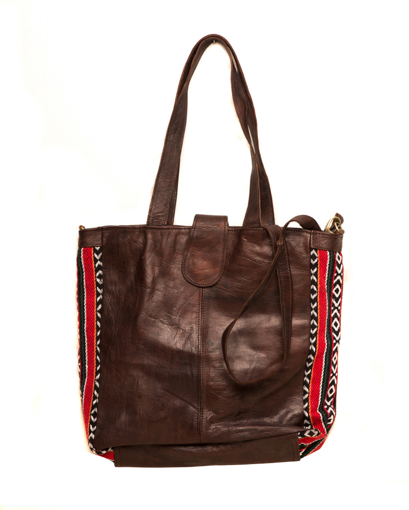 Marockansk handväska, Mörkbrun/röd läder - HV1